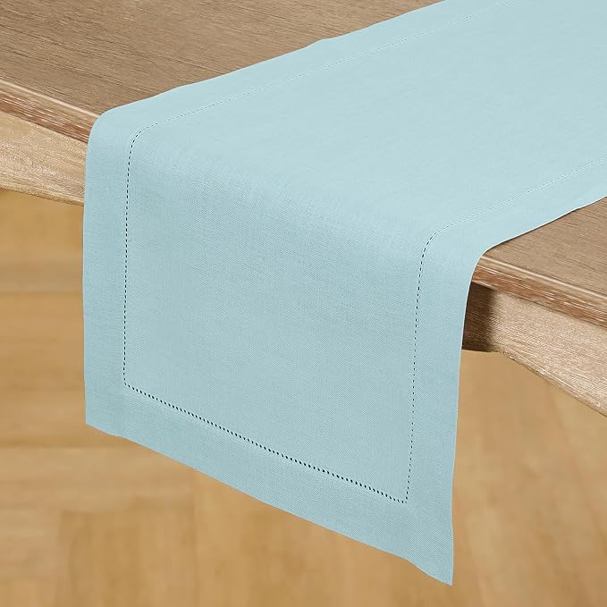 Solino Home 100% Pure Linen Table Runner Aqua Blue Hemstitch, 14 x 132 in | - Image 2