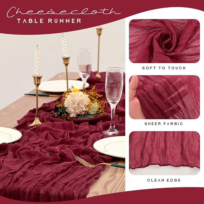YMHPRIDE 12 Pack Cheesecloth Table Runner 35x120in Burgundy Table Runner | Boho - Image 4