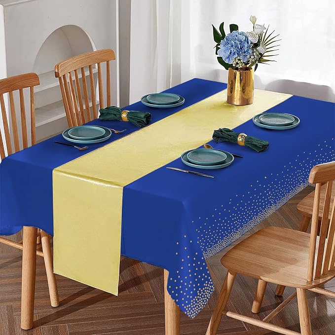 16Pack Disposable Plastic Tablecloths and Satin Table Runner Set Blue and Gold - Image 4