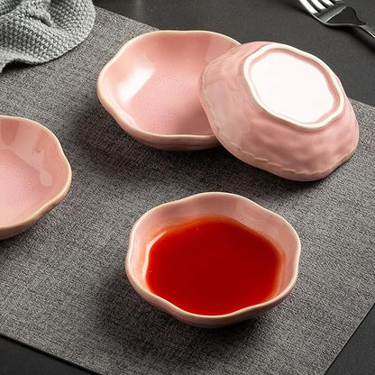 4.4Oz Kiln-Changed Dipping Bowls, 4.3 Inches Ceramic Flower-Shaped Soy Sauce Dishes, Small Appetizer/Side Plates Set of 4 (pink)