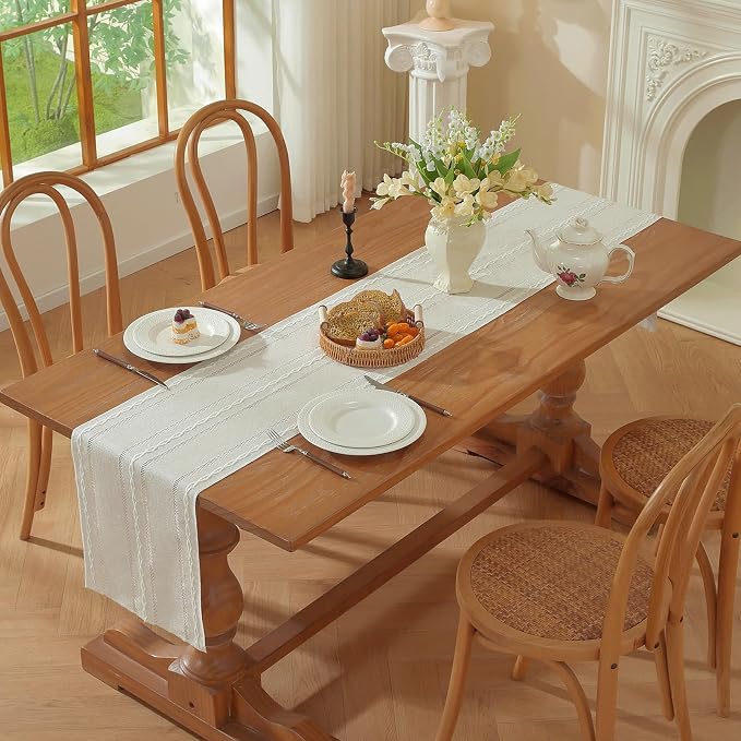 Beige Boho Cotton Linen Table Runner, Farmhouse Woven Table Runners Spring - Image 7