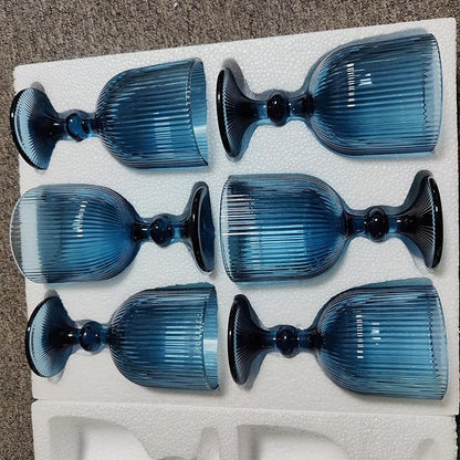 Blue Glasses Drinking Water Goblets set of 6 Big Vintage Glassware 13oz Colored Wine Glasses for Wedding Party Bar Vertical Line Embossed Pattern Stemmed Cups 400ml