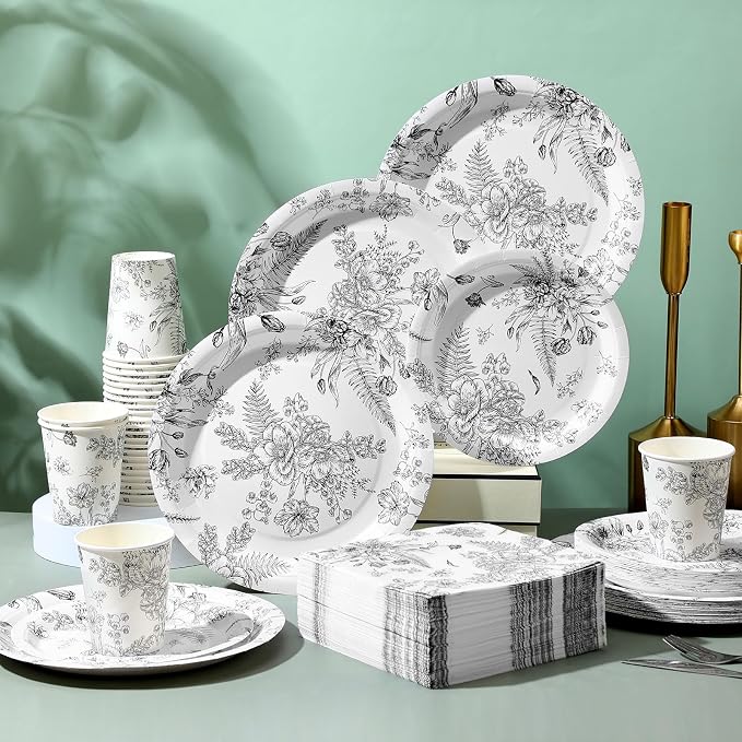 250 Pcs Black Disposable Plates and Napkins Floral Tableware Set - Image 2