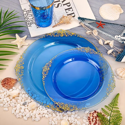 Hioasis 210pcs Blue and Gold Plates - Blue Party Plates for 30 Guest, Include 60 Heavy-duty Plates(20% Thicker Than Standard), 30 Pre Rolled gold Plastic goldware Set, 30 Cups