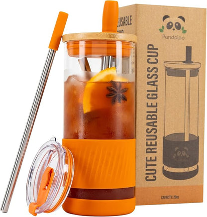 Pandaloo® Glass Cups With Lids and Straws -20 Fl Oz- Perfect Size Iced Coffee by Pandaloo