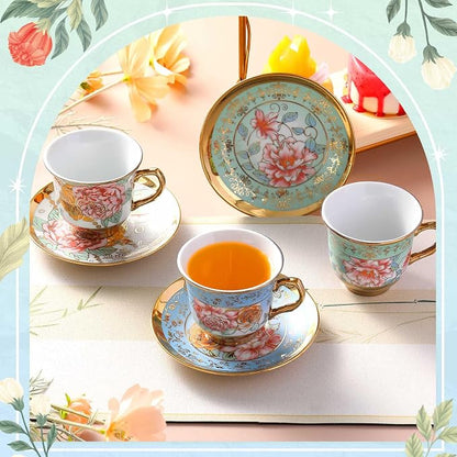 Teenyyou Set of 18 Tea Cups and Saucers Tea Party Decorations Floral Porcelain - Image 4
