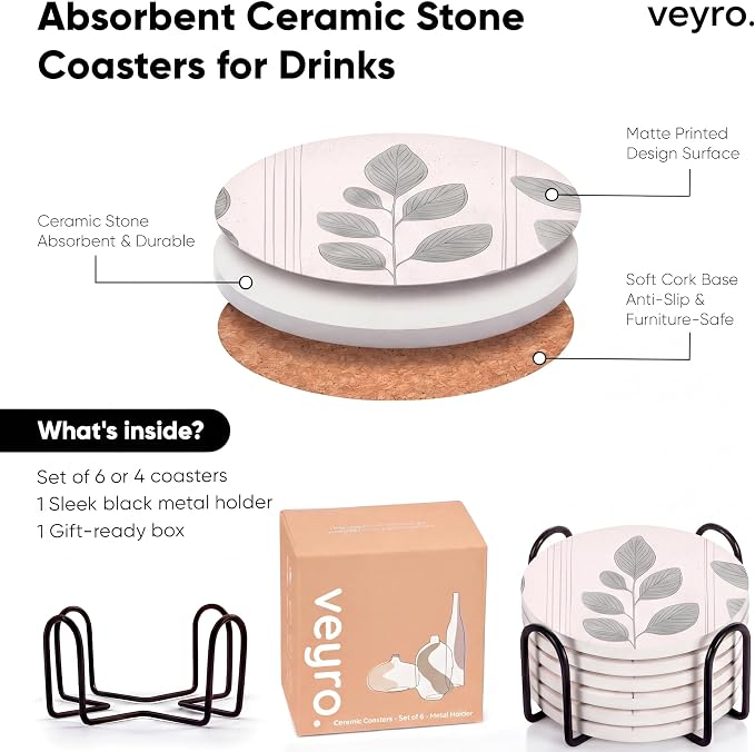 VEYRO Ceramic Coasters Set of 6 or 4 – Absorbent Stone Drink Coasters - Image 6