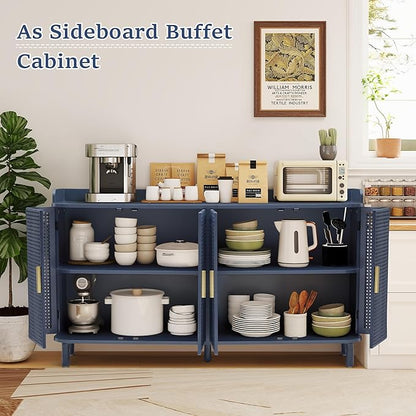ORRD 4 Doors Storage Cabinet, 2 Tier Wooden Storage Organizer Cabinet with Adjustable Shelf, Sideboard Buffet Cabinets with Iron Curved Doors Accent Shoe Rack for Entryway Hallway Living Room (Blue)