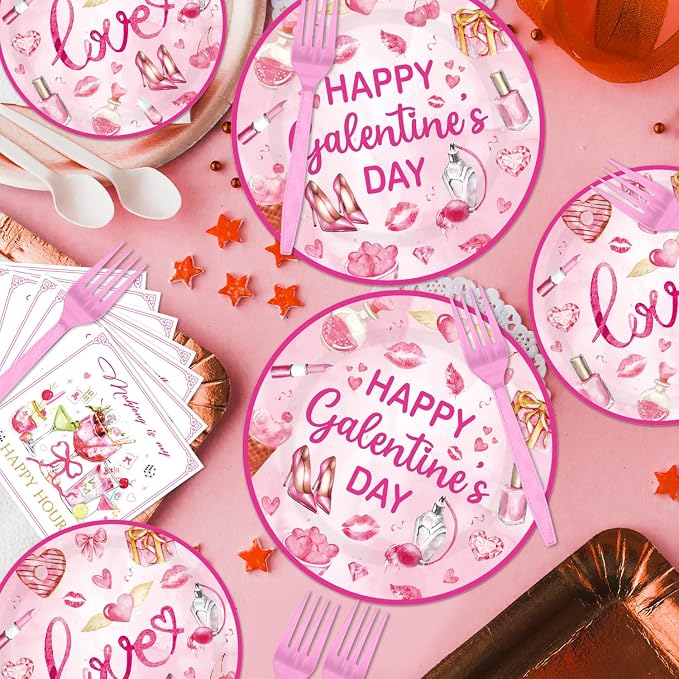 EUOYUFO 96Pcs Pink Galentine Party Decorations Tableware Set Happy Galentine's - Image 5