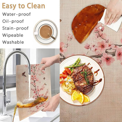 Cherry Blossom Placemats Set of 6,Butterfly Waterproof Non-Slip Washable Table Mats for Kitchen Dining Holiday Party Wedding Decor 12x18 Inch