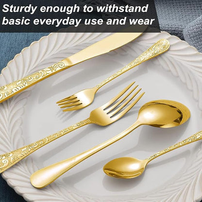 Runfly Vintage Carved Gold Stainless Steel 20-Piece Flatware Set | Silverware - Image 4