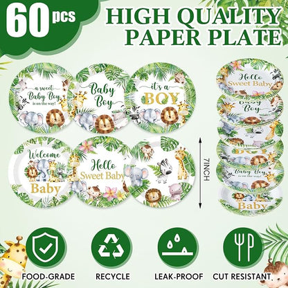 Gerrii 60 Pcs Safari Baby Shower Party Plates 7 Inch Weilcome Baby Disposable - Image 2