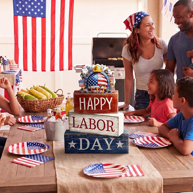 Moucuny 4 Pcs Labor Day Table Decoration Patriotic Worker Wooden Stacked Block - Image 4