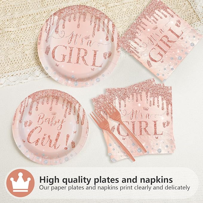 96 Pcs It's a Girl Baby Shower Party Decorations, Serves 24 | Diamond Rose Gold - Image 3