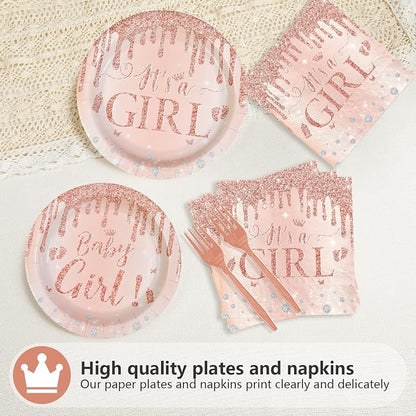 96 Pcs It's a Girl Baby Shower Party Decorations, Serves 24 | Diamond Rose Gold - Image 3