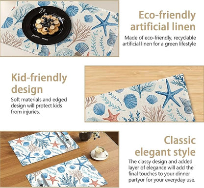 Watercolor Coral Starfish Shell Placemats Set of 6, Washable Table Mats for Kitchen Dining Table, Linen Place Mats for Party Holiday Decoration, Teal Ocean Retro