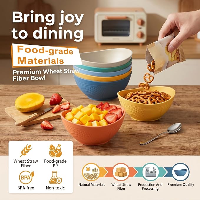 Wheat Straw Bowls 26oz, Unbreakable Ramen Bowl Set of 6, Oval Plastic Bowls - Image 3