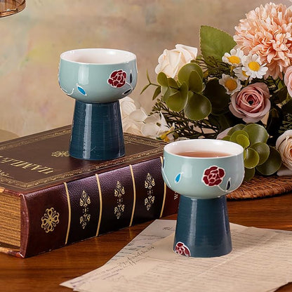 KAMMAK Tea Cup Set of 2 Small Tea Cups 2.1oz Blue Porcelain Tea Cup Set - Image 5
