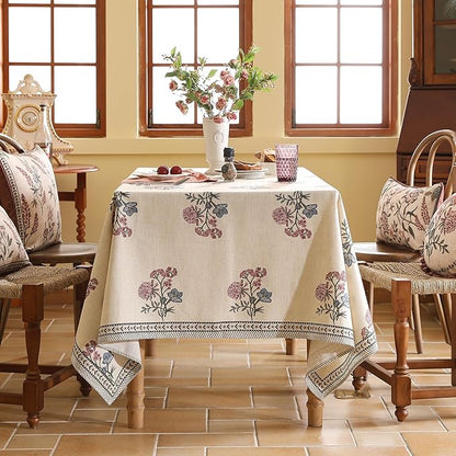 ISAENNE Designer Linen Light Beige Small Rectangle Tablecloth,French Colorful Floral Table Cloth,Stain Resistant Decor Tablecloths for Dining Thanksgiving Christmas Kitchen,55"*71"-Helena E