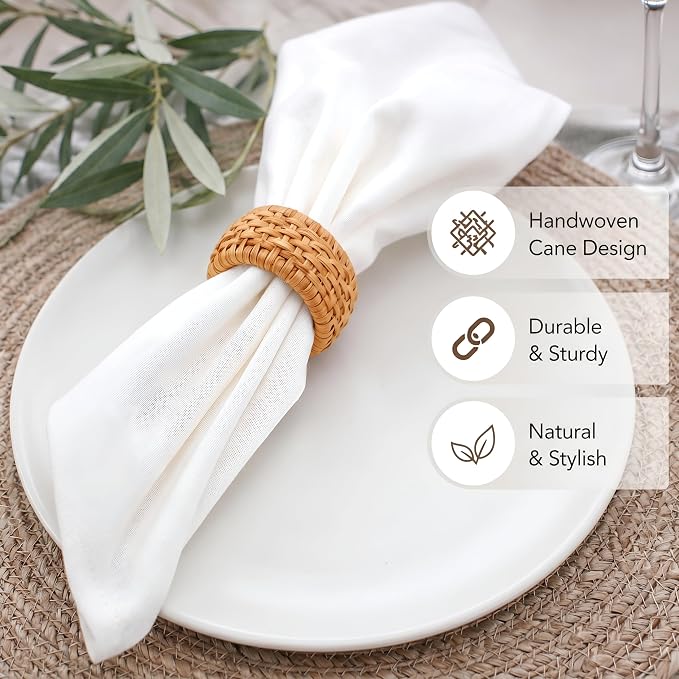 Woven Cane Napkin Rings for Table Settings, Textured Cane Napkin Holder Set of 8 - Image 6