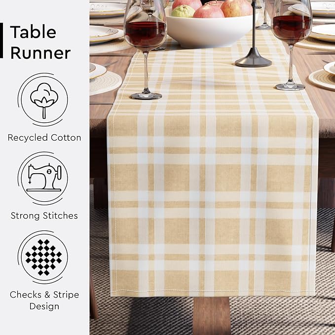 Encasa XO Table Runner, Woven Cotton Dining Runner 13"x59" Franca Beige Checks - Image 4