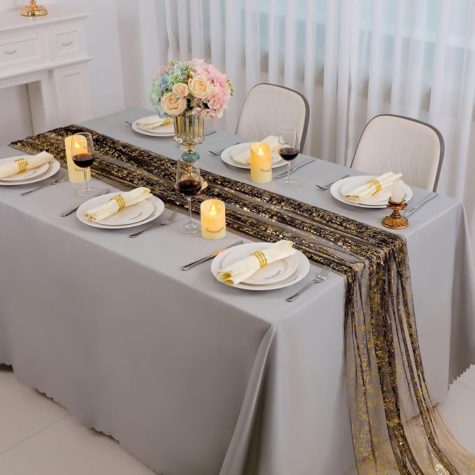 Snowkingdom 3 Pcs Black Gold Gauze Table Runner 10 FT 120 Inch, Sparkle Sheer - Image 5