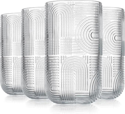 Highball Glasses Set of 8, 14 oz Embossed Drinking Glasses, Vintage Art Deco - Image 2