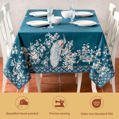 Maison d' Hermine Premium Table Cloth Square Table 100% Combed Cotton 70 x 70 Inches Tablecloth Reusable Decorative for Dining Room, Farmhouse, Party, Festive & Wedding - Peacock Utopia - Deep Sea