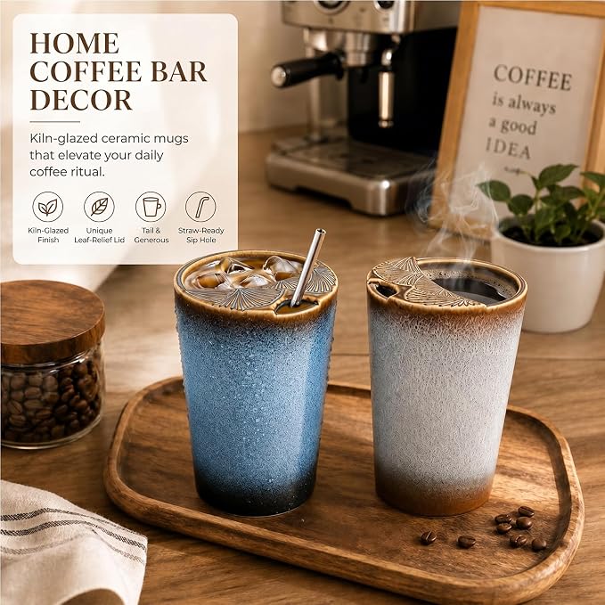 2 Pack Ceramic Coffee Mug with Sip Hole, Retro Espresso Cup 13 oz with 2 Straws - Image 7