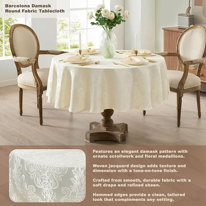 Newbridge Barcelona Luxury Damask Fabric Tablecloth, 70” Round, Antique White - Image 2