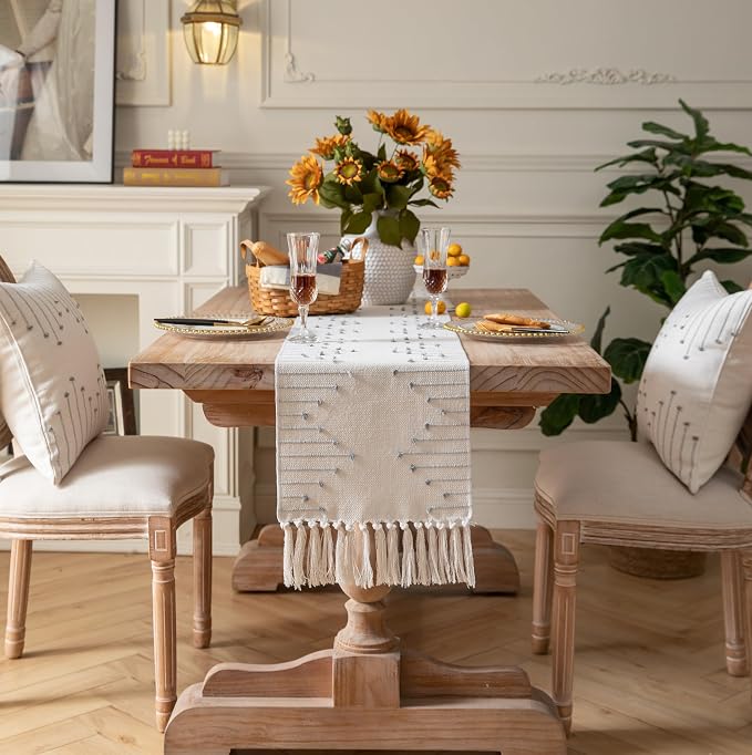 Boho Table Runner 13 x 72 Inch Long Natural Cotton Woven Runner - Image 6