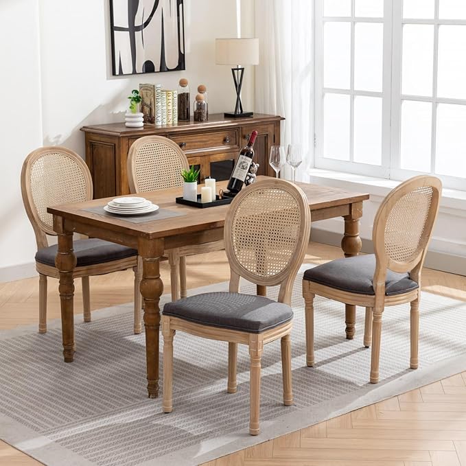 Vintage French Rattan Dining Chairs Set of 8, Solid Wood Frame with Round Rattan Back and Linen Upholstered Seat, Farmhouse Accent Sillas de Comedor Side Chairs for Dining Room & Kitchen, Gray