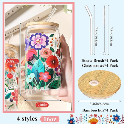 Mumufy 4 Pack Wildflower Glass Cups Gift Aesthetic Cute Glass Cup Tumbler - Image 2