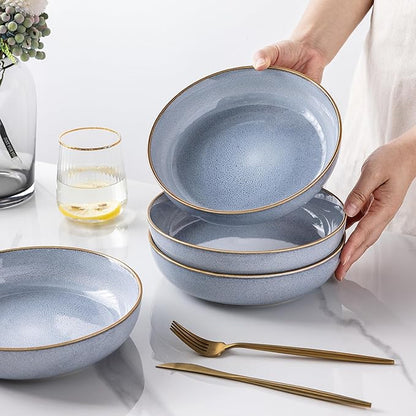 GBHOME 8.75'' Large Ceramic Pasta Bowls, 38oz Stoneware Pasta Serving Bowls Set of 4 for Kitchen, Wide Bowls for Fruit,Pasta,Salad,Oatmeal,Meal, Microwave Safe, Reactive Glaze-Blue