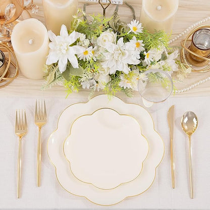 EI 180pcs Beige Plastic Plates with Gold Plastic Silverware,Heavy-Duty Disposable Plates for Party,Beige Dinnerware Set for 30 Guest Wedding,Afternoon Tea,Spring,Mother's Day,Valentine's Day,Easter