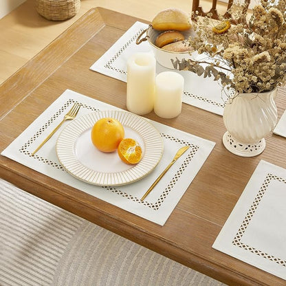 Farmhouse Burlap Hollow Placemats Set of 6, 12 x18 Inch Off White | Double Layer - Image 3