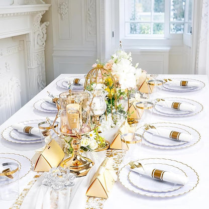 YOUBET 350PCS Gold Scalloped Plastic Plates - White and Gold Disposable Dinnerware Set Include 100 Plates, 150 Gold Silverware, 50 Cups, 50 Napkins for Wedding Party