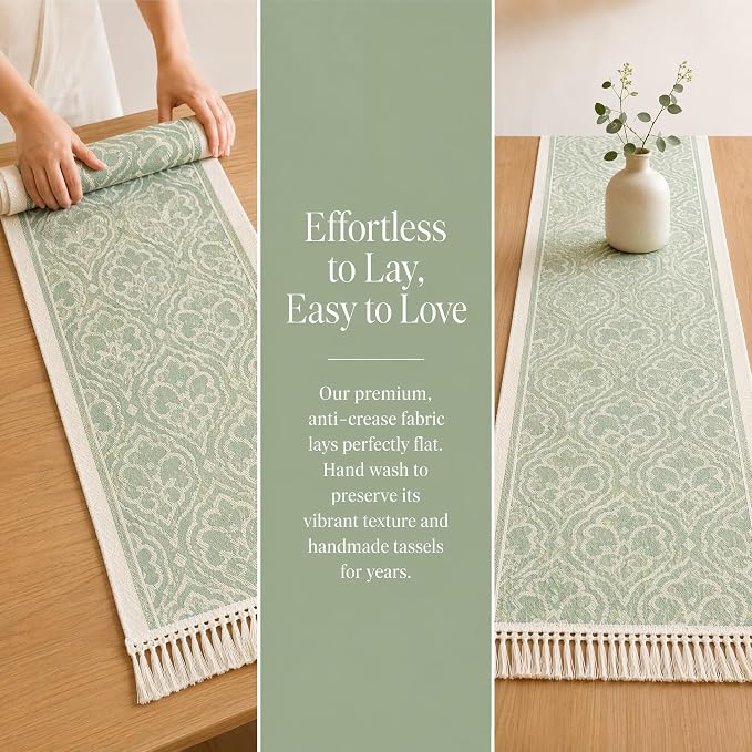 14x95 Botanical Table Runner Waterproof Floral Vine Boho Tassels | Hosting a - Image 7