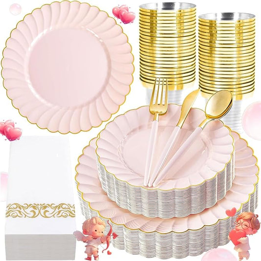 Ciaell 175 PCS Pink Scalloped Plastic Plates with Gold Trim - Pink Plastic Silverware with Handle - Fancy High-End Dinnerware Sets for Wedding & Baby Showers & Party & Valentine's Day