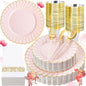 Ciaell 175 PCS Pink Scalloped Plastic Plates with Gold Trim - Pink Plastic Silverware with Handle - Fancy High-End Dinnerware Sets for Wedding & Baby Showers & Party & Valentine's Day