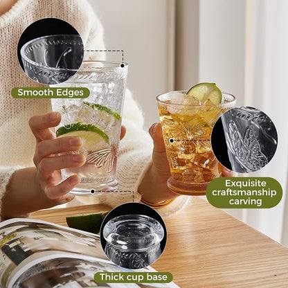 8 Pack Embossed Vintage Mixed Drinking Glasses, 12 Oz & 9 Oz Glasses | Embossed - Image 3
