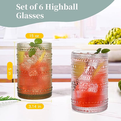 Green Hobnail Drinking Glasses Set of 6, 15 oz Vintage Highball Glasses - Image 3