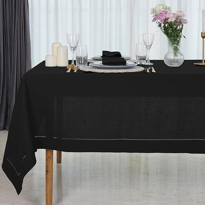 D'Moksha Homes Black Linen Tablecloth for Rectangle Tables 60 x 144 Inch - 100% Pure Linen Black Table Cloth - Classic Hemstitch, Machine Washable Dining Tablecloth for Spring, Easter