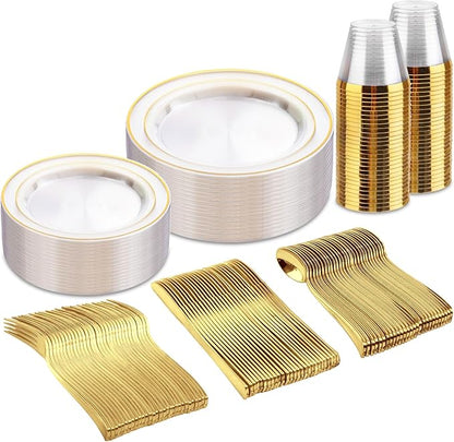 bUCLA 150Pcs Clear Gold Plastic Dinnerware Set by BUCLA