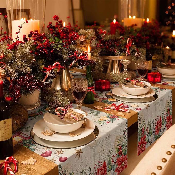Christmas Poinsettia Table Runner 72 Inches Long, Winter Xmas Balls Birds Table - Image 6