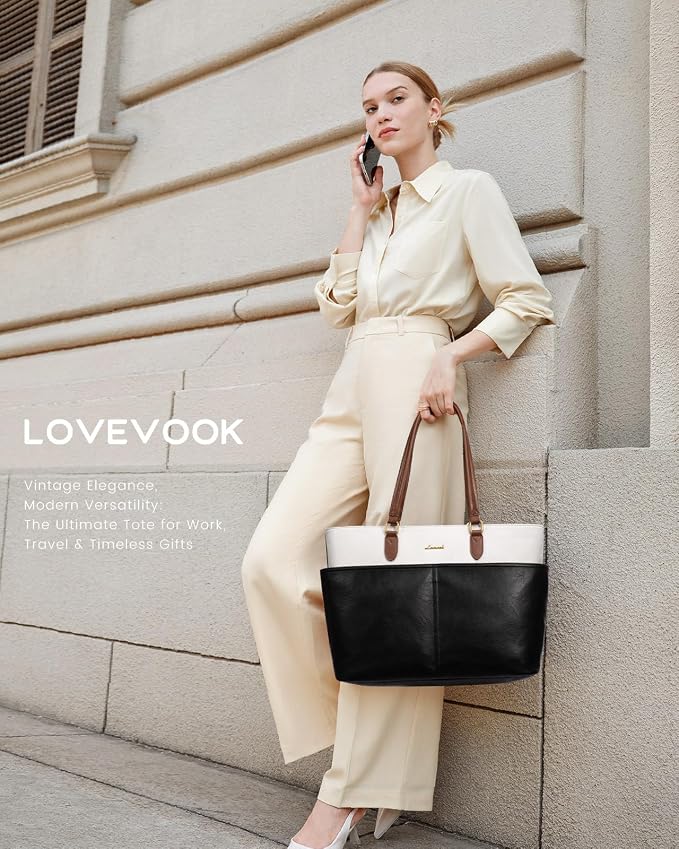 LOVEVOOK Work Tote Bag for Women, Vintage Leather 17.3 Inch Laptop Bags - Image 2