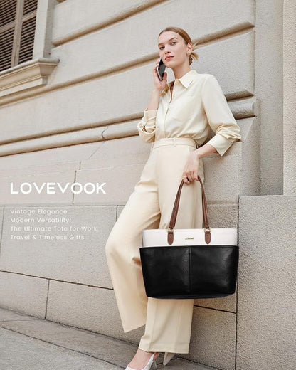 LOVEVOOK Work Tote Bag for Women, Vintage Leather 17.3 Inch Laptop Bags - Image 2