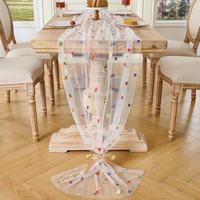 BINBE 3pcs Ivory Daisy Spring Table Runner Embroidery Gauze 10FT Florals - Image 7
