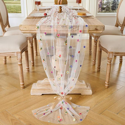 BINBE 6pcs Ivory Daisy Spring Table Runner Embroidery Gauze 10FT Florals - Image 7