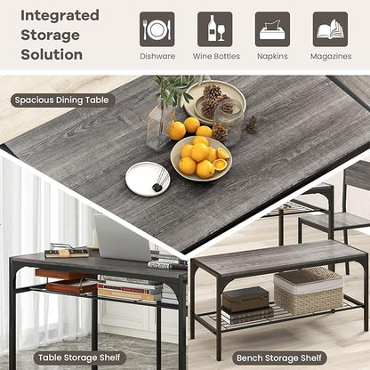 NAFORT Kitchen Table Set for 4, Space-Saving 4-Piece Dining Table Set with Bench and 2 Chairs, Industrial Rectangular Dining Room Set with Storage Shelves for Apartment, Kitchen&Dining, Restaurant